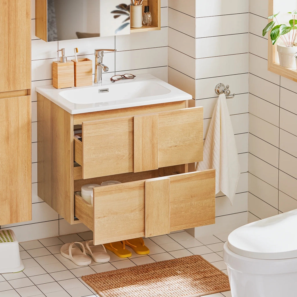 SoBuy Mobile base per lavabo con due cassetti Mobile da bagno Naturale 61x46x54cm BZR172-N