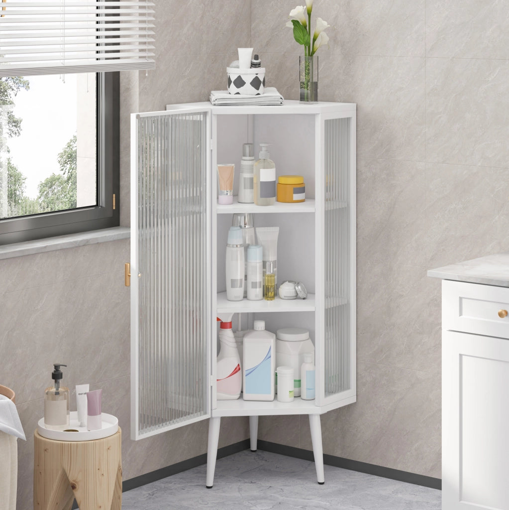 Mobile angolare da bagno in metallo e vetro temperato 56x42;5x110 cm bianco