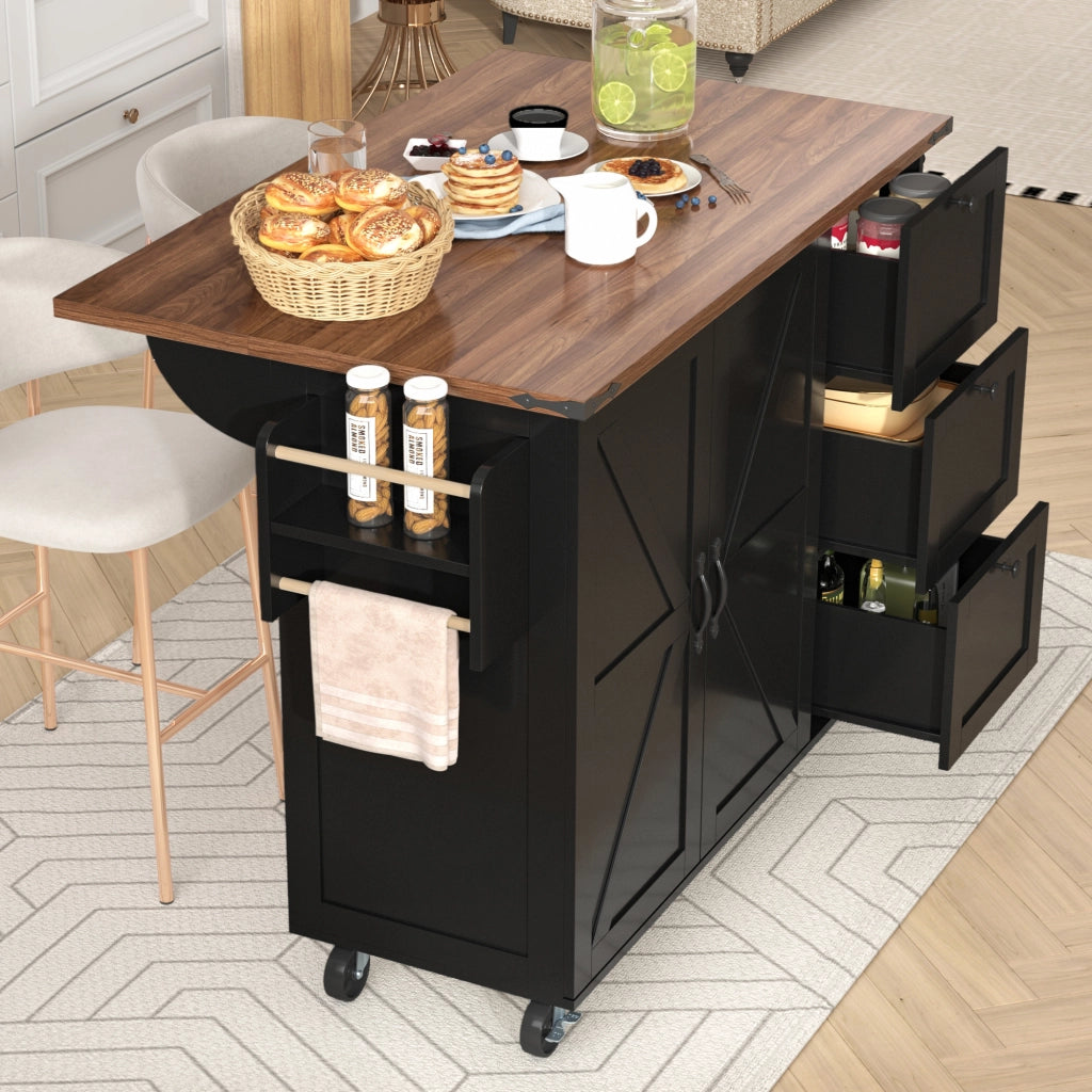Carrello da Cucina con 1 Anta; 3 Cassetti; Piano Ribaltabile; Portaasciugamani e Ruote; in MDF; Nero
