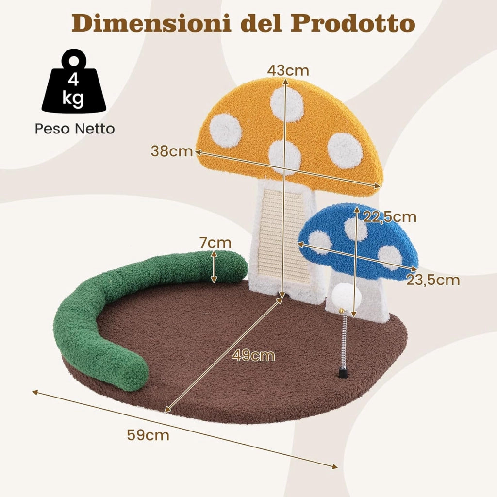 Tiragraffi per Gatti a Forma di Fungo, Lettino Moderno in Sisal con Piattaforma Ampia e Confortevole,Pallina e Poggiatesta Imbottito, Cuccia Gatti Interno