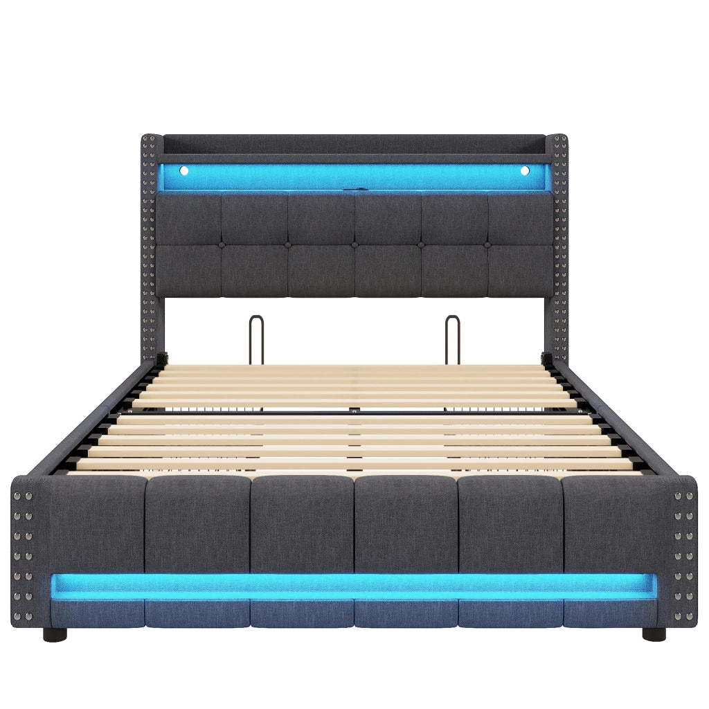 Letto matrimoniale imbottito 160 x 200 cm con LED; USB; ripiani e cassetto; grigio