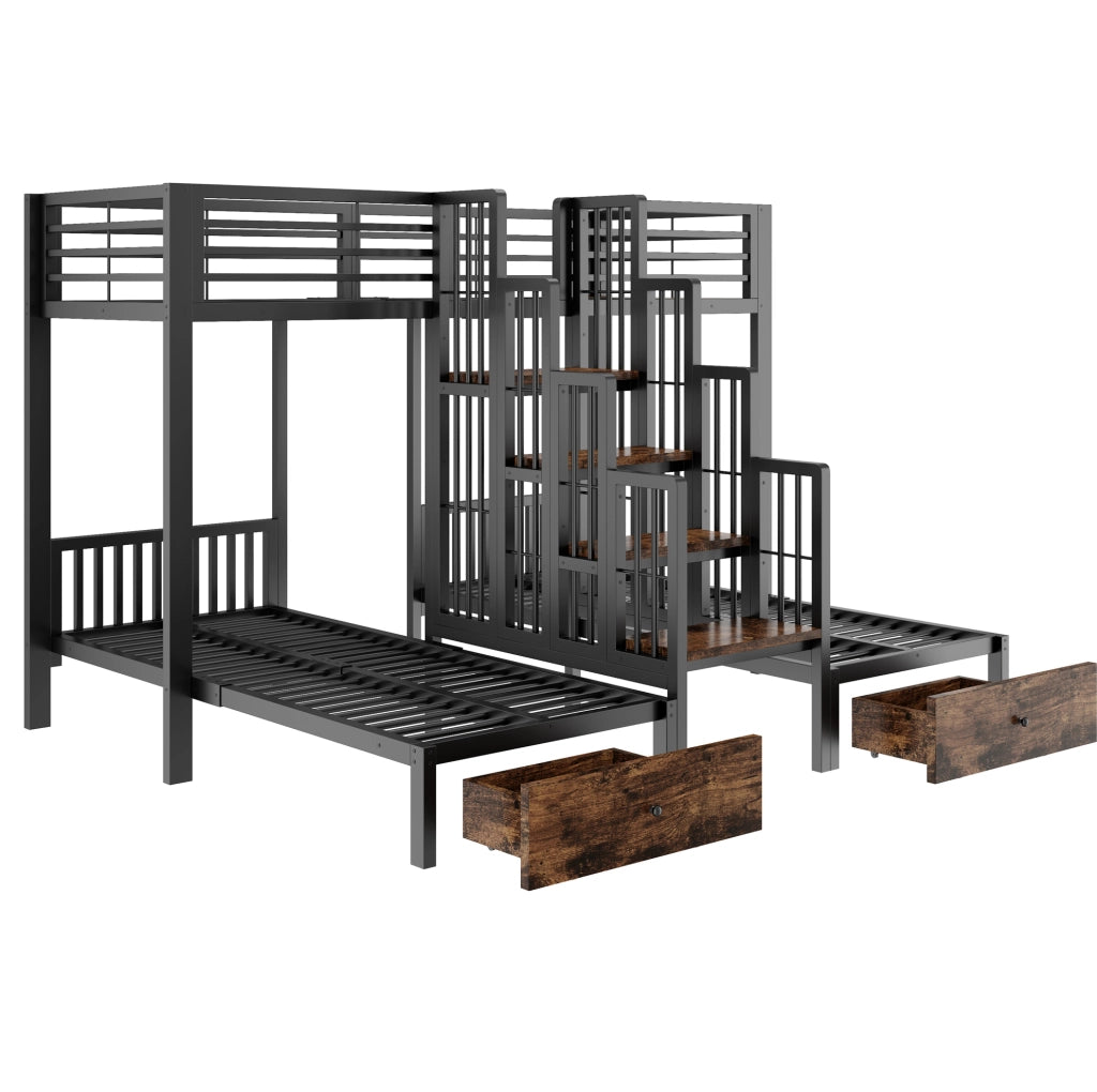 Letto a castello triplo 90x200 cm in metallo e legno; nero; con scala; sponde e 2 cassetti