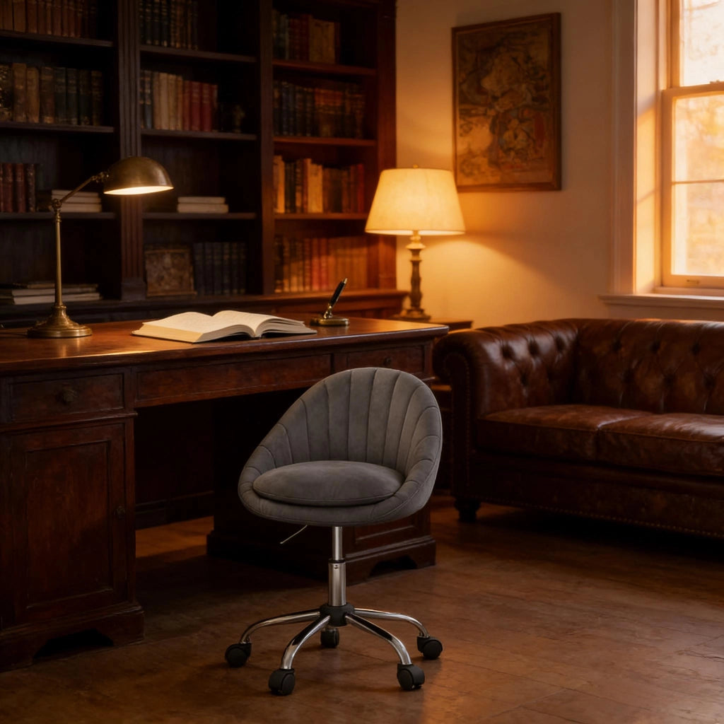 Sedia da ufficio girevole con Altezza Regolabile, Design Ergonomico e Ruote, in Velluto, Grigio Scuro
