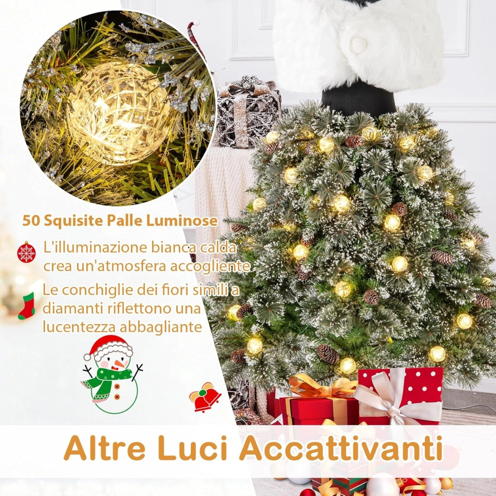 Albero di Natale Artificiale 150 CM con Manichino Pre-Illuminato, Albero di Natale a Forma di Abito con 465 Punte di Rami, 50 Luci a LED, 36 Pigne, Scialle, Collana