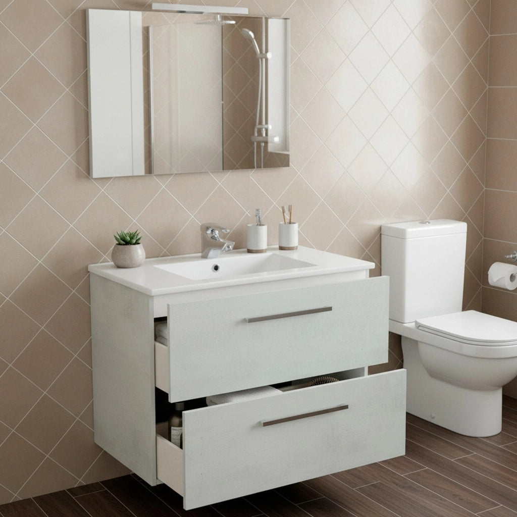 Mobile Bagno Sospeso Con 2 Cassettoni Con Sistema Soft Close Lavandino In Ceramica E Specchio Led Da 30 Cm Design Moderno 57 X 80 X 45 Cm Colore Grigio Cemento