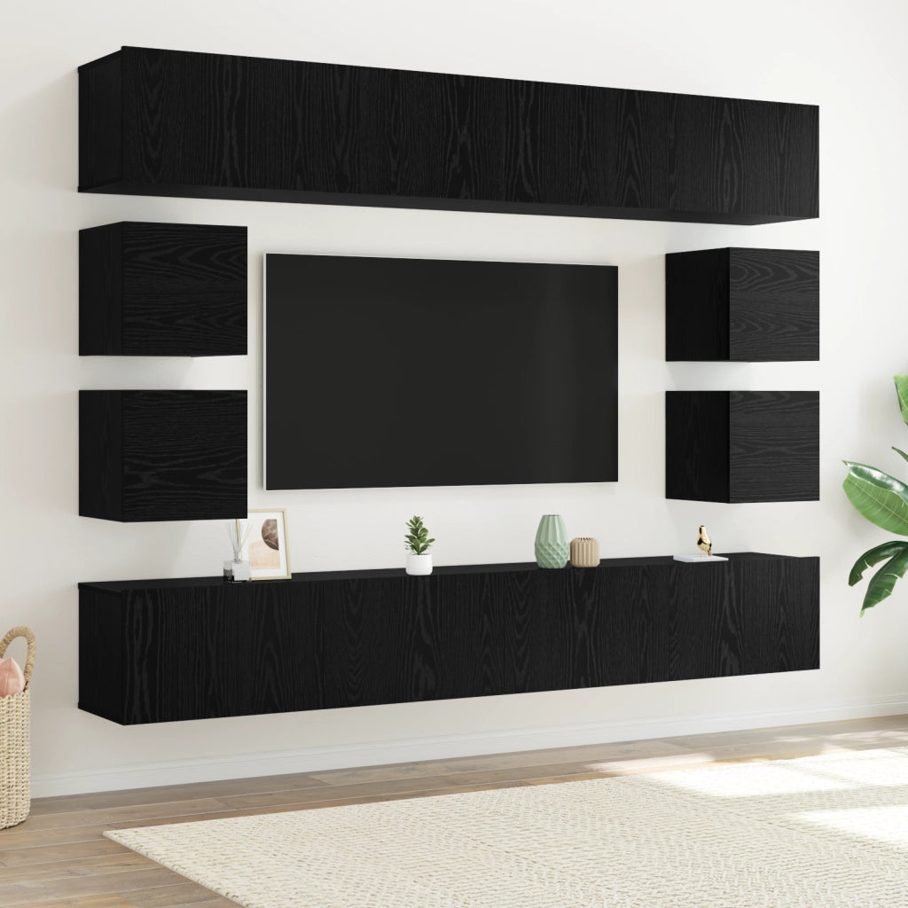 Set di mobili TV  a 8 pezzi montato a parete in rovere nero legno ingegnerizzato