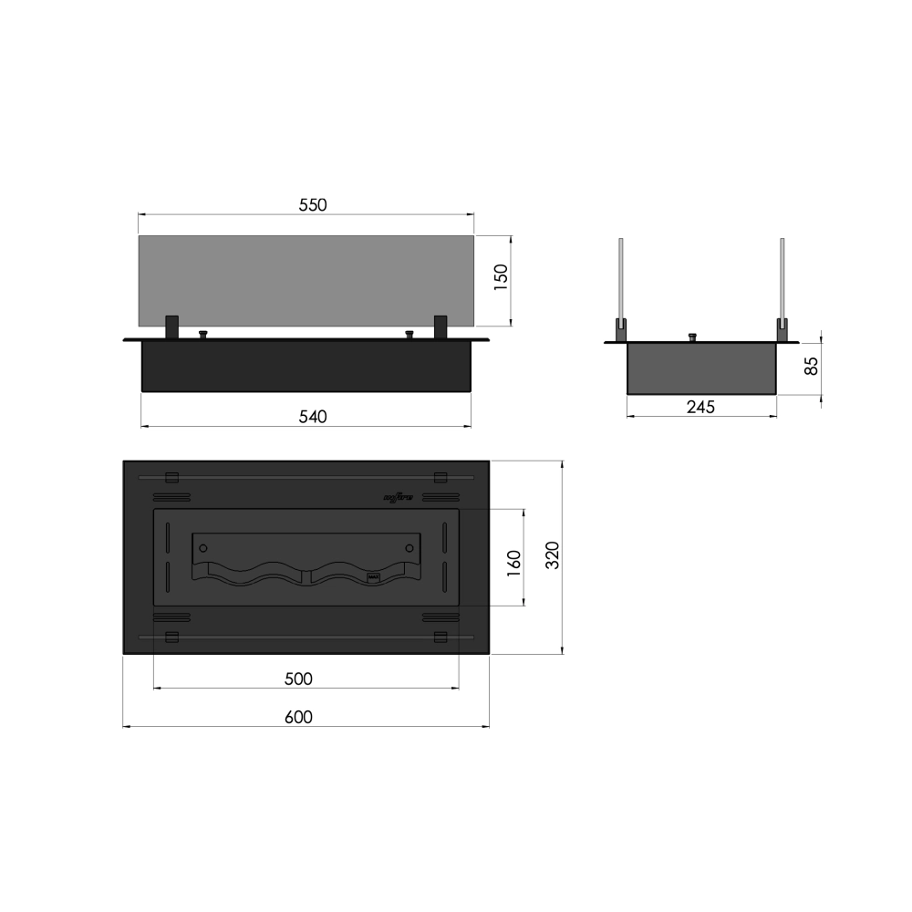 Bruciatore Inserto a Bioetanolo 60cm in Inox nero da incasso o appoggio da 1 lt con vetri inclusi