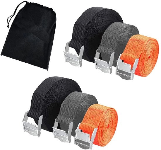 Set di 6 cinghie di trazione, cinghie di trazione regolabili, cinghie di trazione con tasca di portaggio, per moto, auto, rimorchi, bagaglio, barca, 2,5 cm, 2 x 5 m nero, 2 x 2 m arancione, 2 x 3 m grigio
