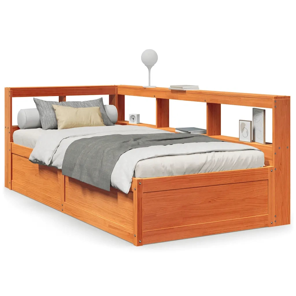 Letto Libreria senza Materasso-Struttura Letto con contenitore Marrone Cera 90x200 cm in Pino 584375