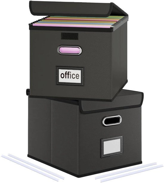 Doppia scatola archivio pieghevole con coperchio, migliorata busta per documenti A4 in stile pelle, grigia, pieghevole, adatta per uso domestico e ufficio, scatola archivio, busta per documenti (nero-2 pezzi)