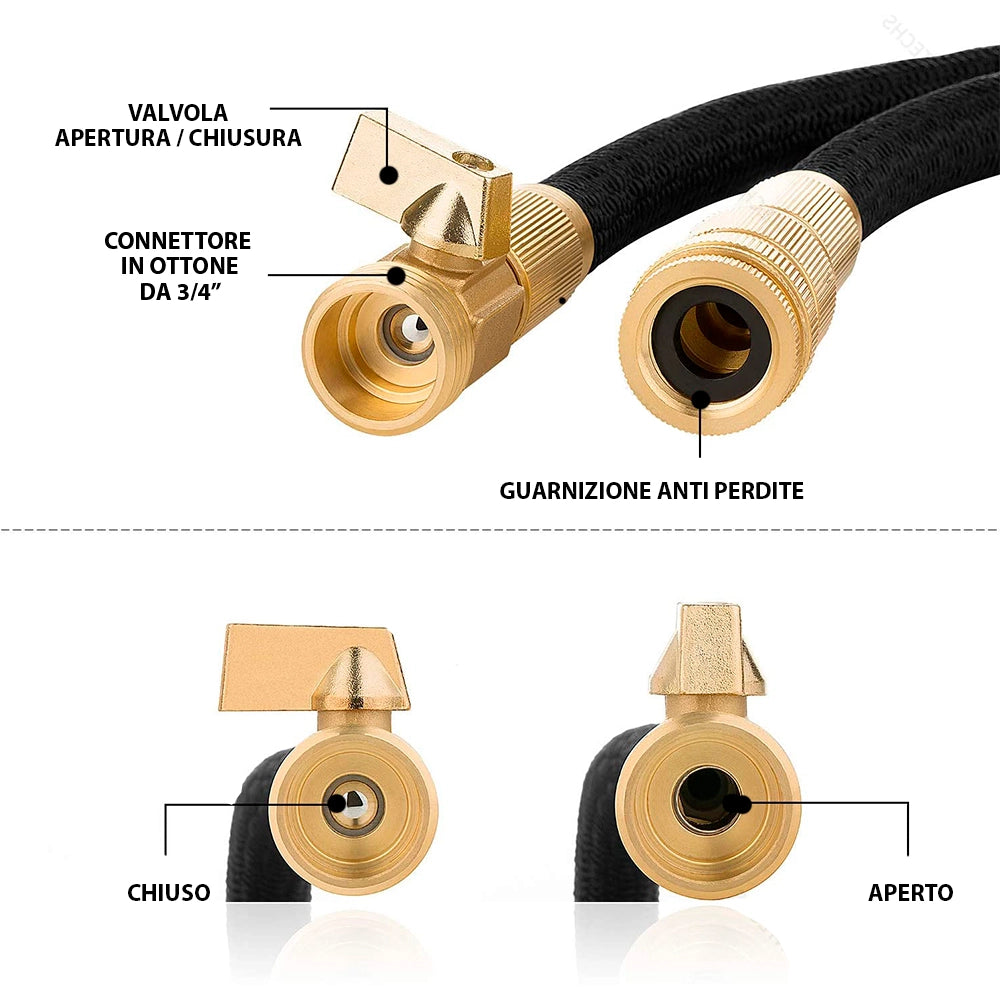 Tubo Da Giardino Estensibile Da 5 a 15 Metri Raccordi In Ottone Massiccio Tubo Flessibile Per Acqua Valvola Di Arresto E Ugello Multifuzione 8 Funzioni Autolavaggio Esterno Giardino