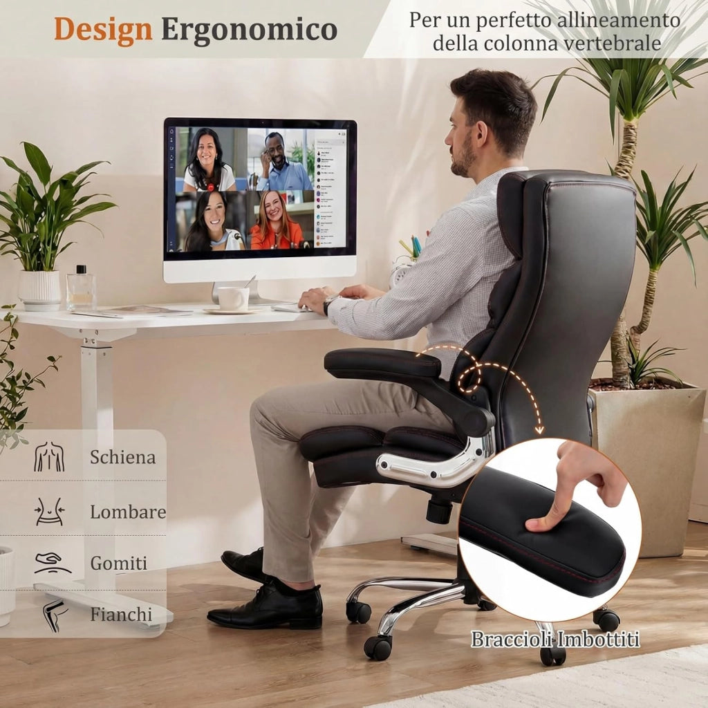 Sedia da Ufficio con Altezza Regolabile, Sedia Ergonomica Girevole per Scrivania, Funzione d’Oscillazione e Braccioli Ribaltabili, per Ufficio Sogiorno, Portata 125 kg