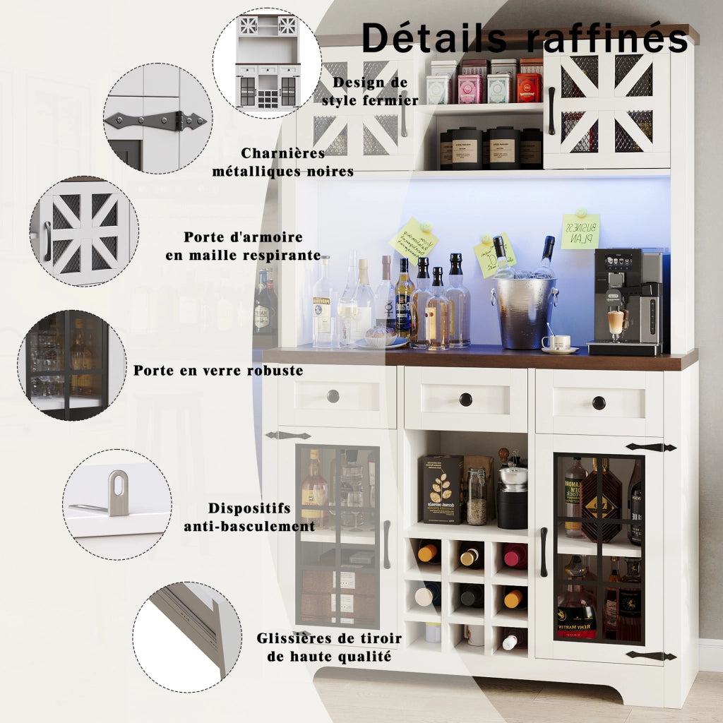 Credenza Alta da Cucina con Ante; 1 Cassetto; Ripiani Regolabili e LED in MDF e Vetro 120×40×180 cm Bianco