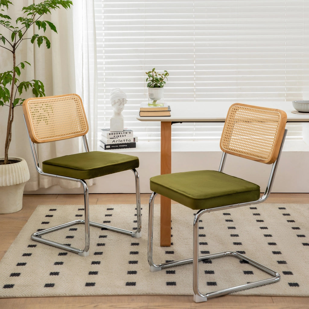 Sedie da pranzo set da 2 in velluto e rattan con gambe cromate e struttura impilabile per sala da pranzo verde