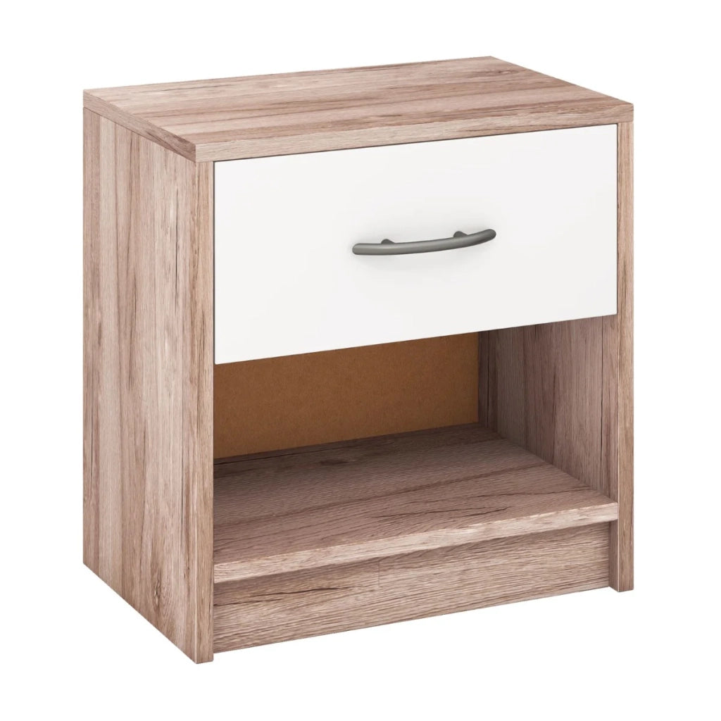 Comodino compatto 38,5 x 28 x 40,5 cm con cassetto e moderno ripiano aperto in rovere e bianco 20_0013939