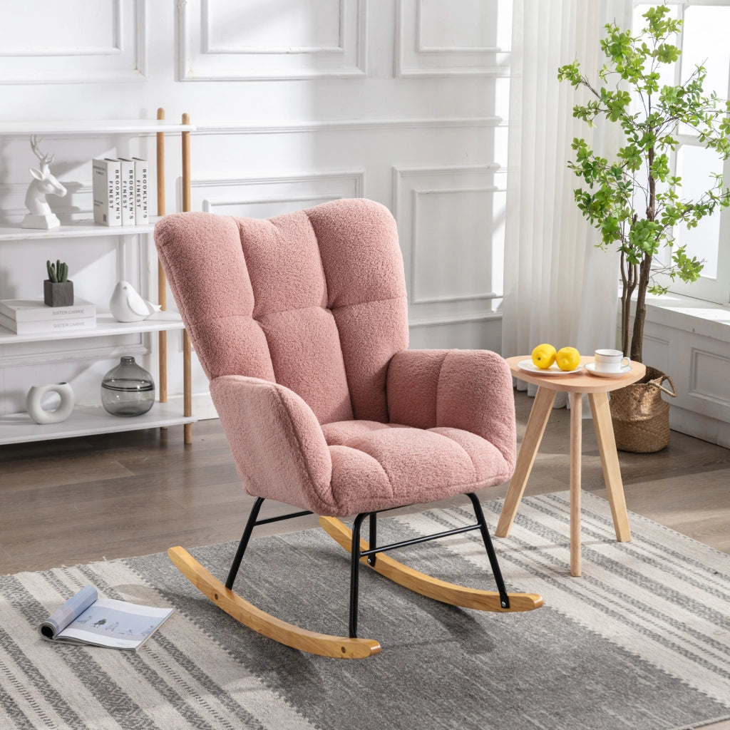 OKWISH Sedia a Dondolo, Schienale Alto Ergonomico e Braccioli Imbottiti, Base Silenziosa, Tessuto Teddy, Rosa