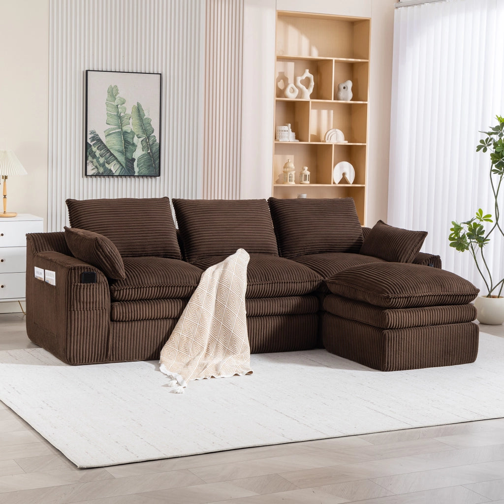 Divano modulare 3 posti in velluto a coste con pouf, tasche laterali, schiuma a 3 strati, marrone