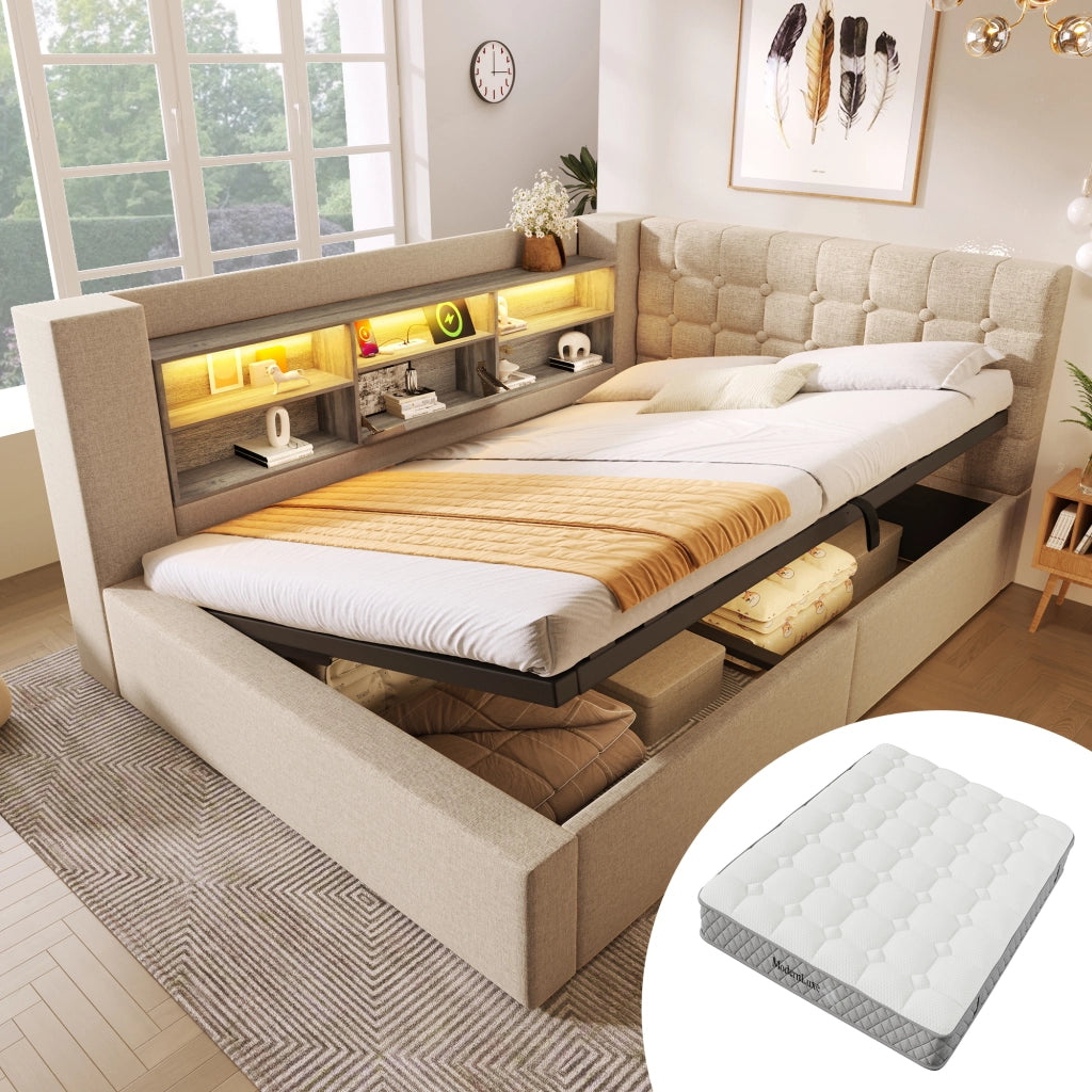 LETTO Contenitore 140x200 cm L in lino beige con materasso incluso