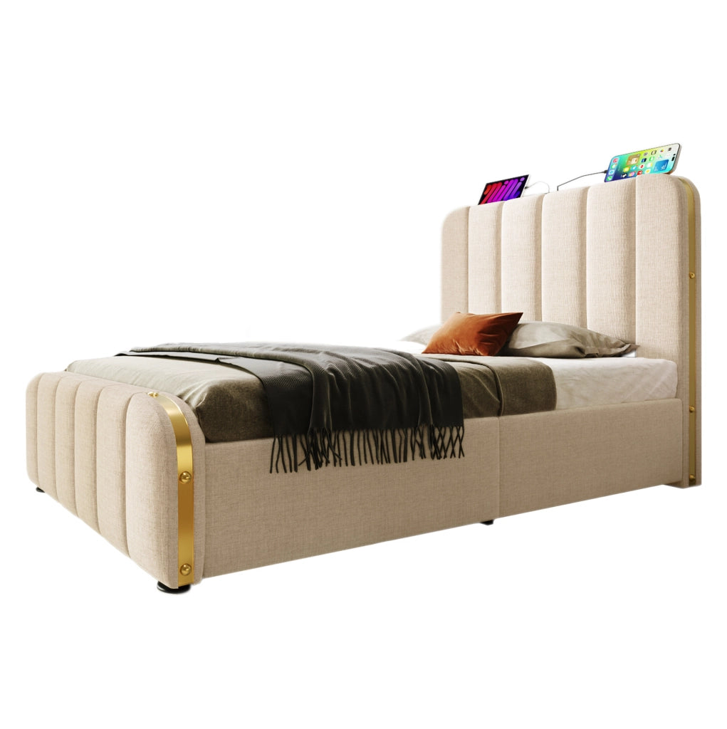 Letto imbottito 90x200 cm con 4 cassetti; USB e Type-C; lino beige