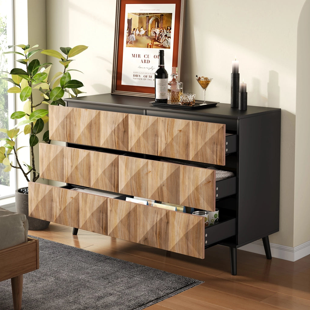 Credenza con 6 Cassetti; Frontali in Rilievo e Maniglie a Scomparsa; Stile Moderno; in MDF; Nero e Naturale; 120??40??85 cm