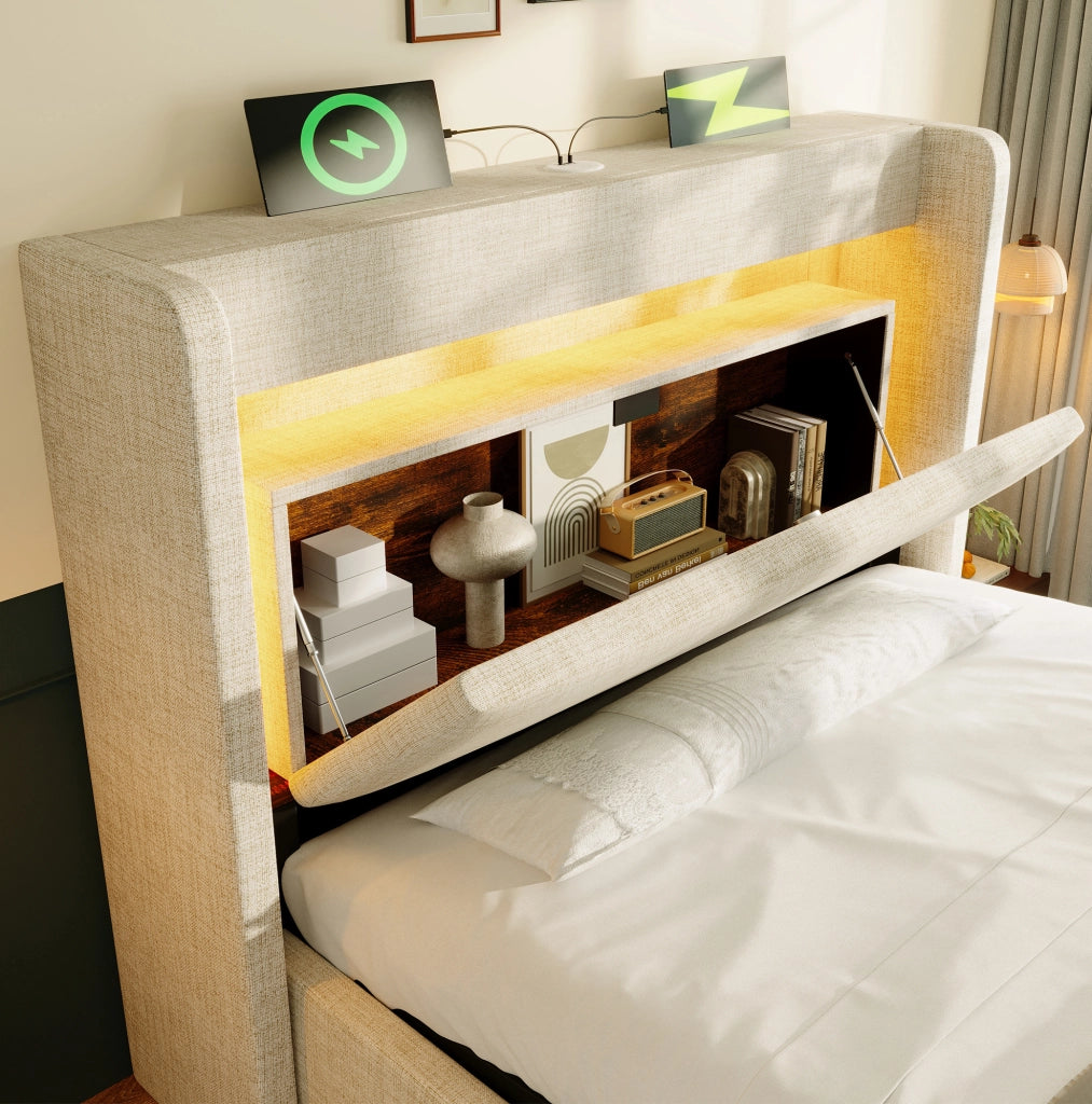 Letto singolo 90x200 cm con contenitore idraulico; LED; USB e USB-C; beige in lino