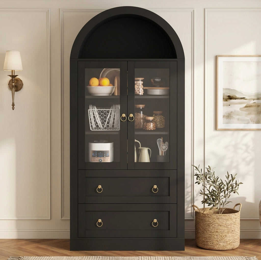 Armadio ad arco 80x36x170 cm con ante in vetro e ripiani regolabili in truciolare nero
