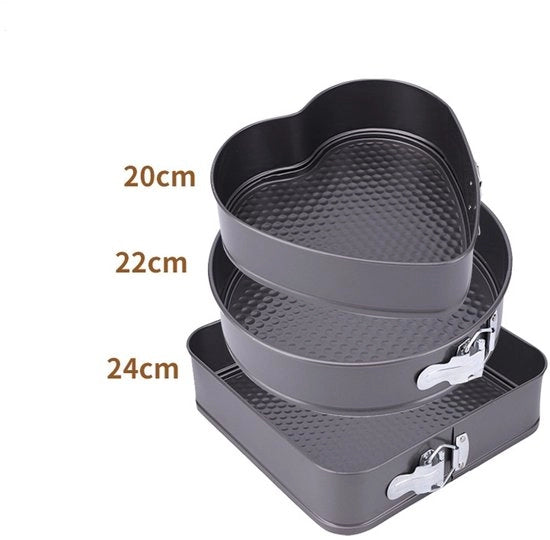 Tre forme per torta in acciaio inox, rotonda, quadrata, a forma di torta, diametro 24 cm, rivestimento antiscivolo, chiusura pratica, facile da smontare, resistente alle abrasioni e duraturo.