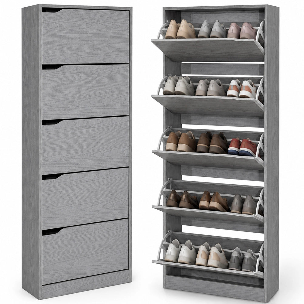 Scarpiera Salvaspazio 63x24x170 cm 5 Ripiani con Maniglia Scomparsa in Melamina Grigio