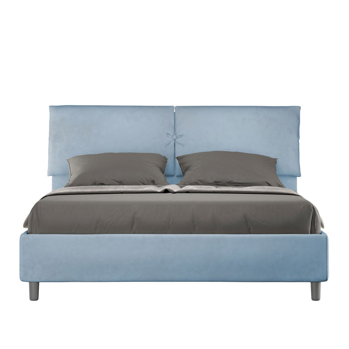 Letto Matrimoniale 160x210 cm con Rete e Contenitore con Testata e Alzata Comoda Imbottito in Microfibra Mados Azzurro