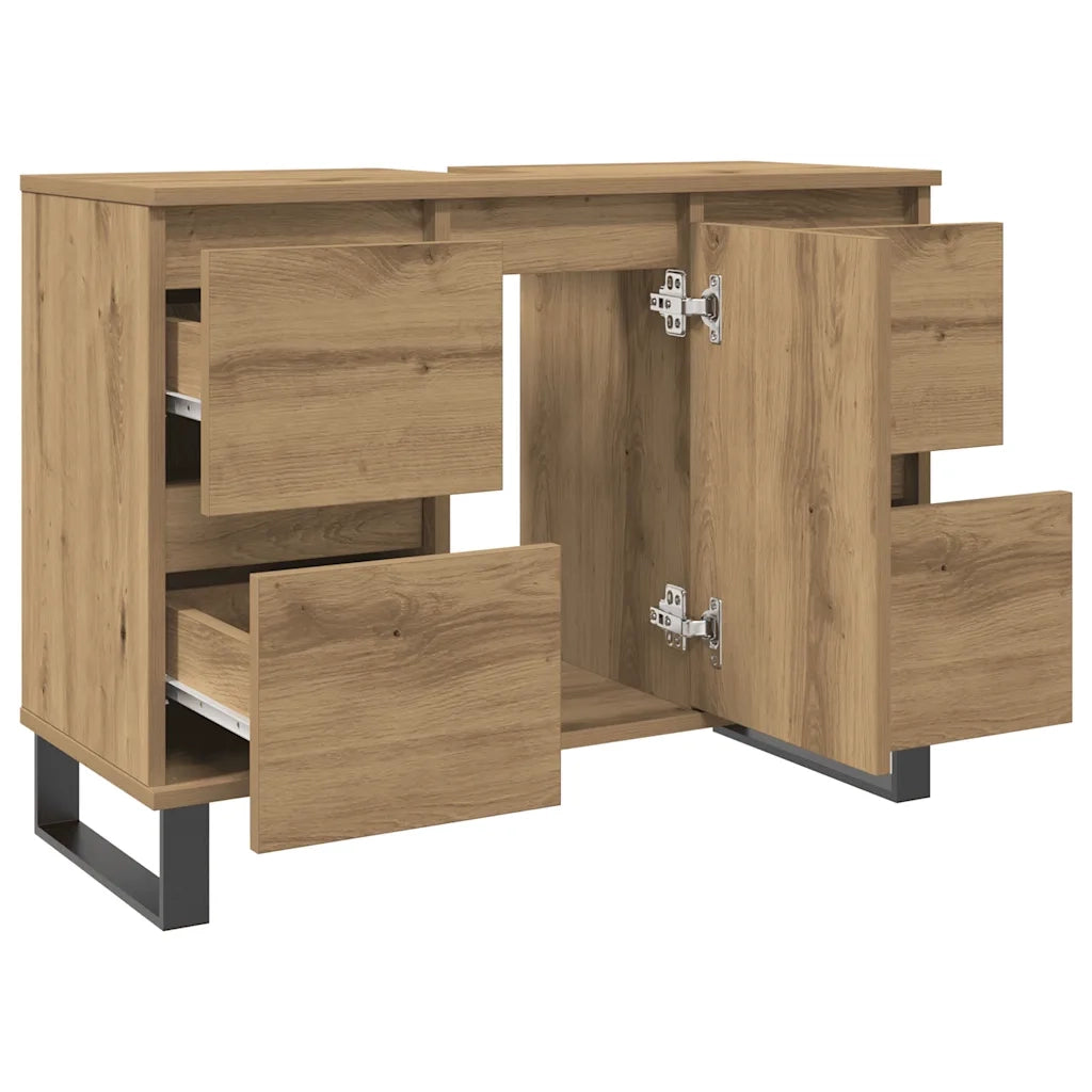 Mobiletto da bagno in rovere lavorato a mano 80 x 33 x 60 cm design industriale con pratico vano contenitore in legno di rovere lavorato a mano 02_0051119