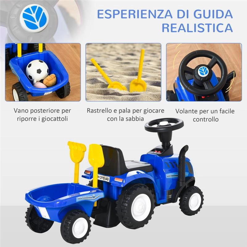 TRATTORE PER BAMBINI CAVALCABILE CON RIMORCHIO RASTRELLO E PALA 12-36 MESI