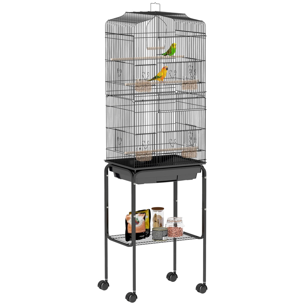 Voliera per Uccelli con Ruote ¨C Xylo ¨C Tetto Apribile 3 Posatoi 46,5x36x157cm Nero