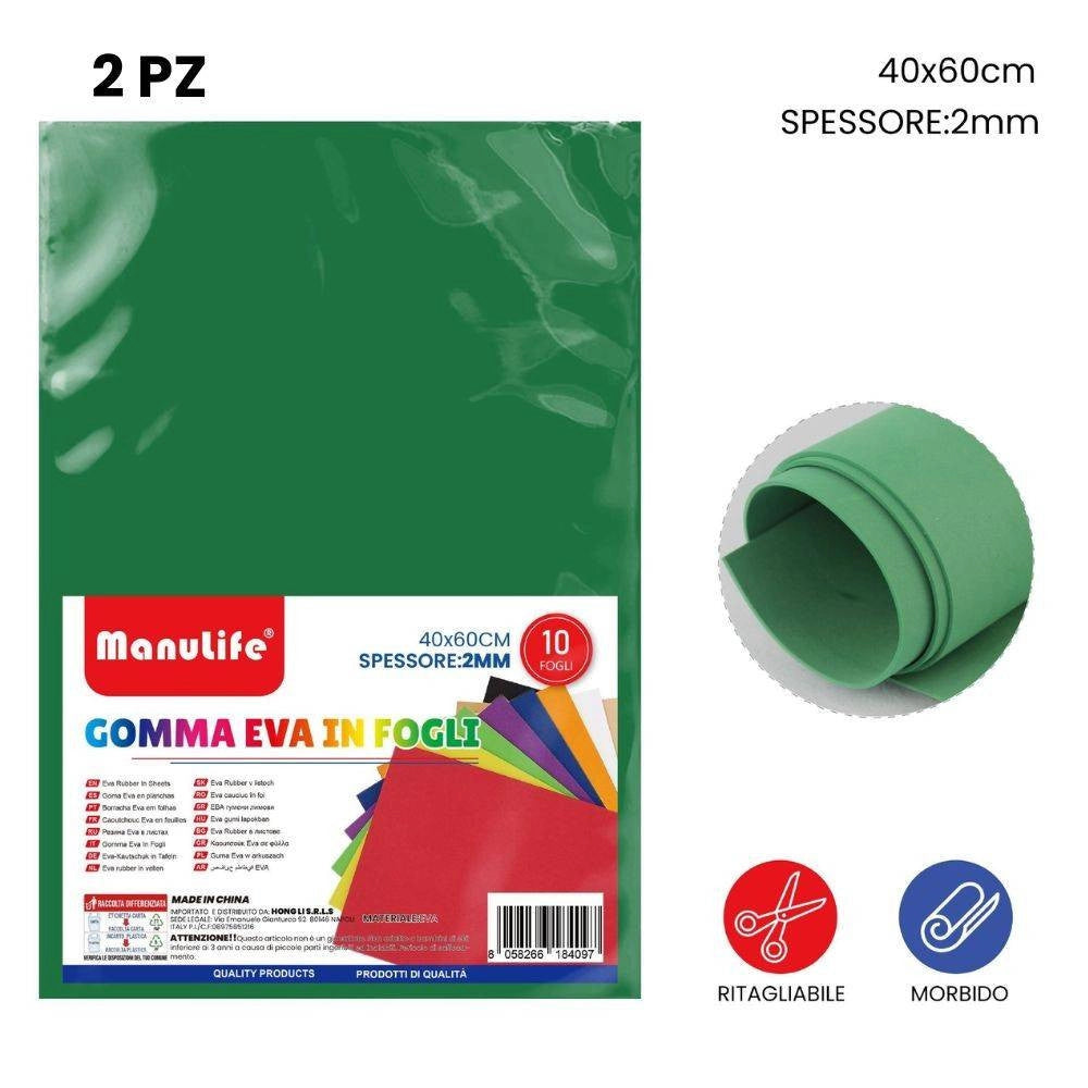Trade Shop - 12pz Fogli In Gomma Eva Colore Verde Materiale Alta Qualità 40x60cm Spess 2mm -