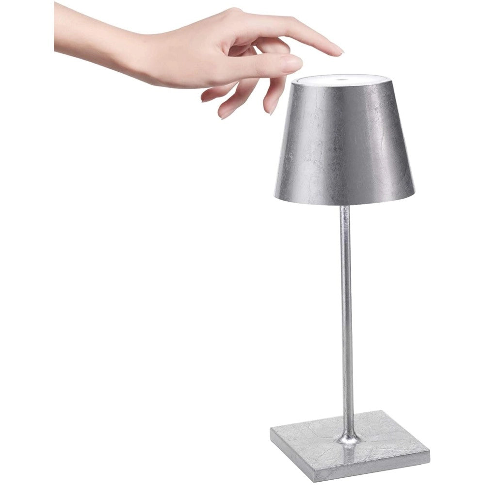 Zafferano Lampada a led da tavolo Poldina Pro Mini Foglia Argento ricaricabile e dimmerabile con batteria fino a 12 ore