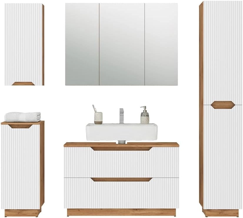 Set di mobili da bagno Lotta, Rovere/bianco a strisce, 5 parti