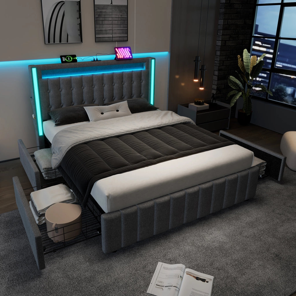 LETTO 140x200 cm Grigio in lino con funzione di ricarica e 4 cassetti