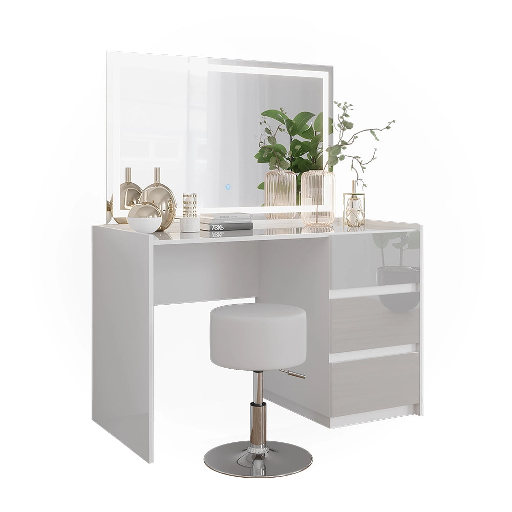 Vicco Tavolo da toilette Bianco lucido 120 cm con specchio LED e sgabello
