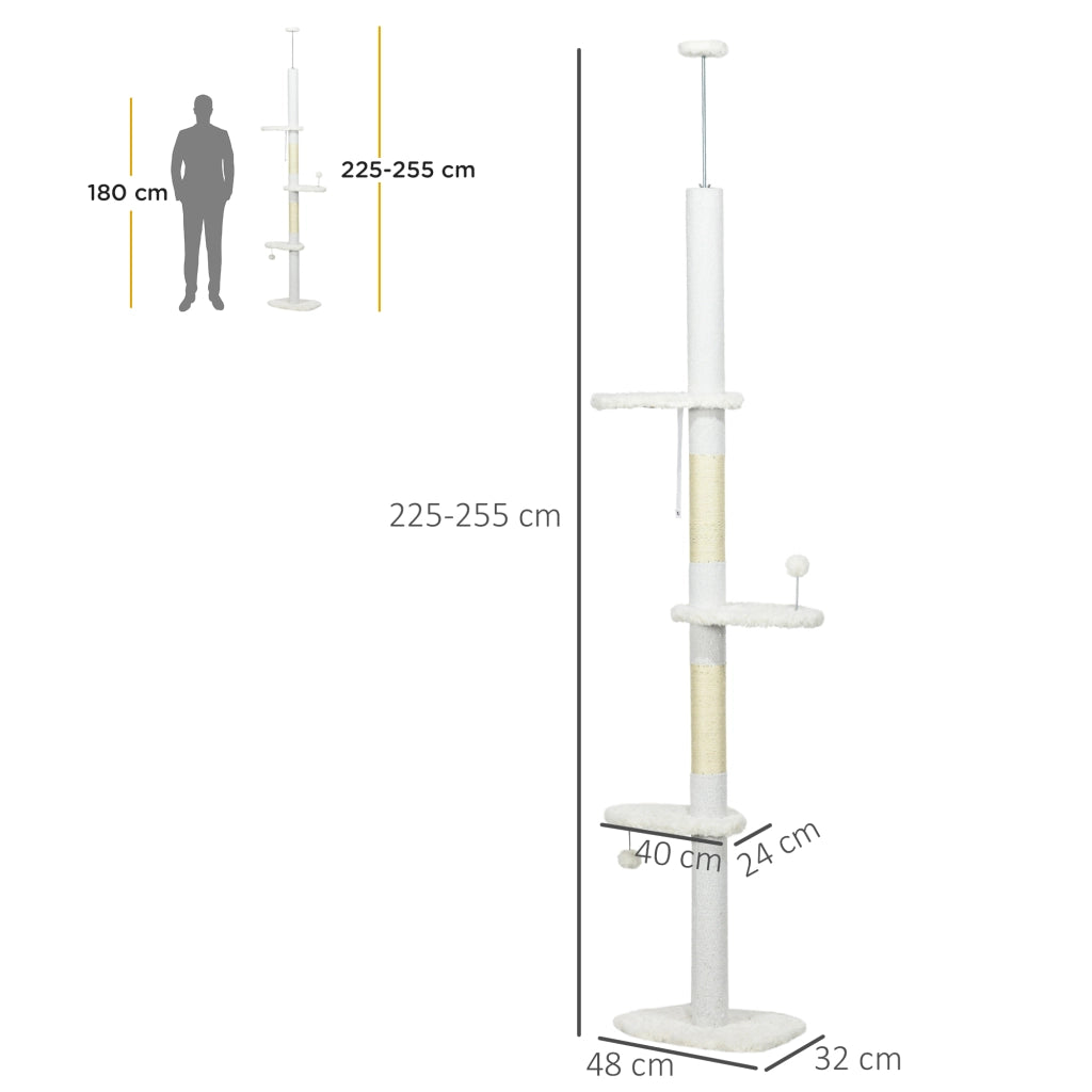 Albero Tiragraffi per Gatti a Soffitto 48x32x225-255 cm Pali con Corda in Cotone Bianco
