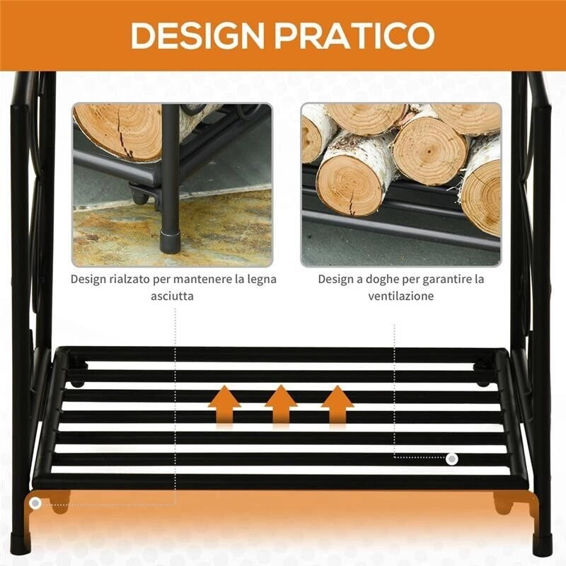 PORTALEGNA PER CAMINO DA INTERNO ED ESTERNO IN METALLO CON BASE RIALZATA PER 50KG DI LEGNA 39.5X31.5X39.5CM NERO