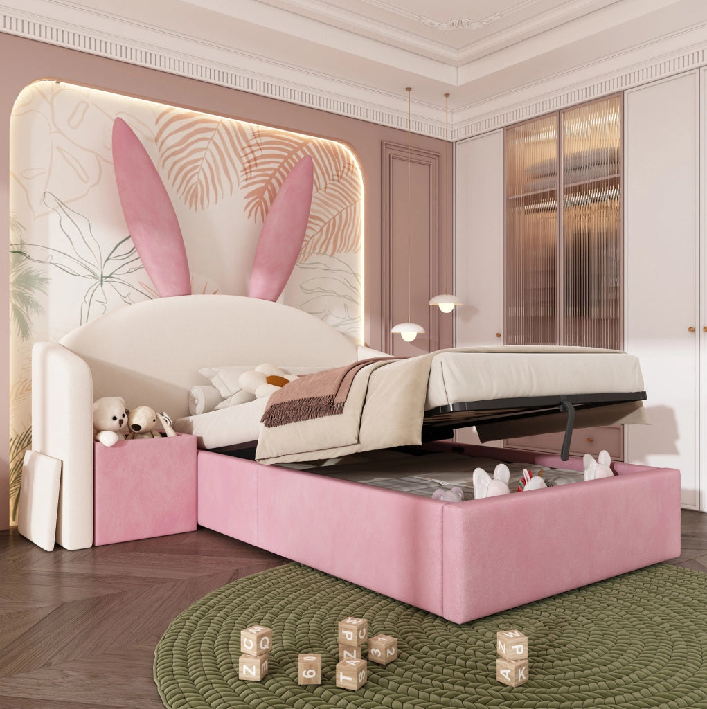 Letto imbottito 90x200 cm con contenitore idraulico e comodino reversibile
