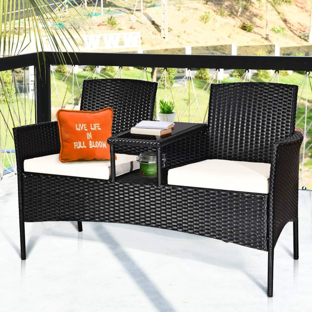 Panchina da Giardino in Polyrattan, 2 Posti, con Tavolo e Cuscino, Set da Giardino in Rattan, per Balcone, Terrazza, 138x62x85cm, 3 Colori (Bianco)