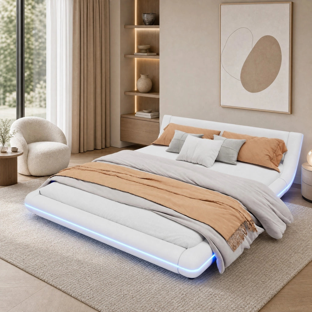 DESMIU Letto basso 160 × 200 cm 2 posti con LED regolabile, senza materasso, in PU, bianco
