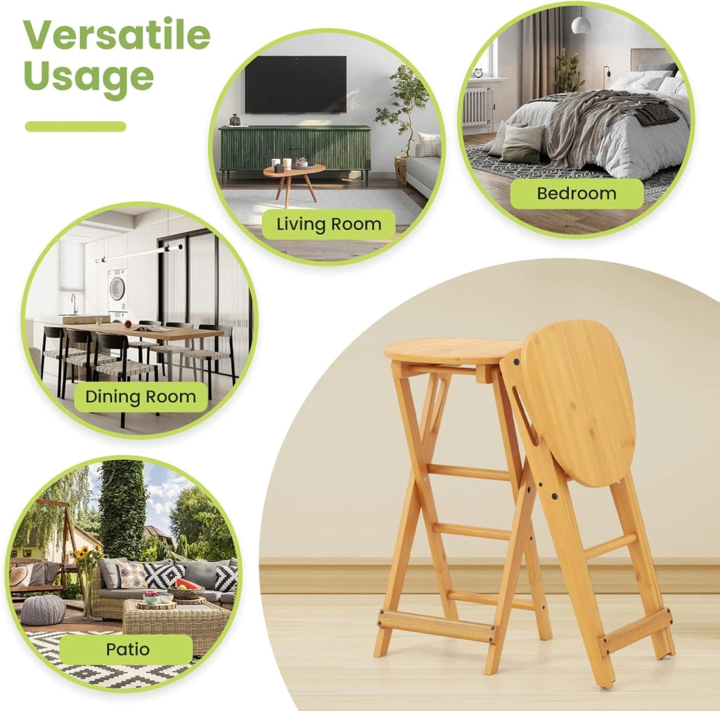 Sgabello da Bar Pieghevole in Bambù con Poggiapiedi Ergonomico, Set di 2 Sedie Confortevole Per Bar,Soggiorno, Sala da Pranzo, Bar, 36x33x61 cm (non Schienale)