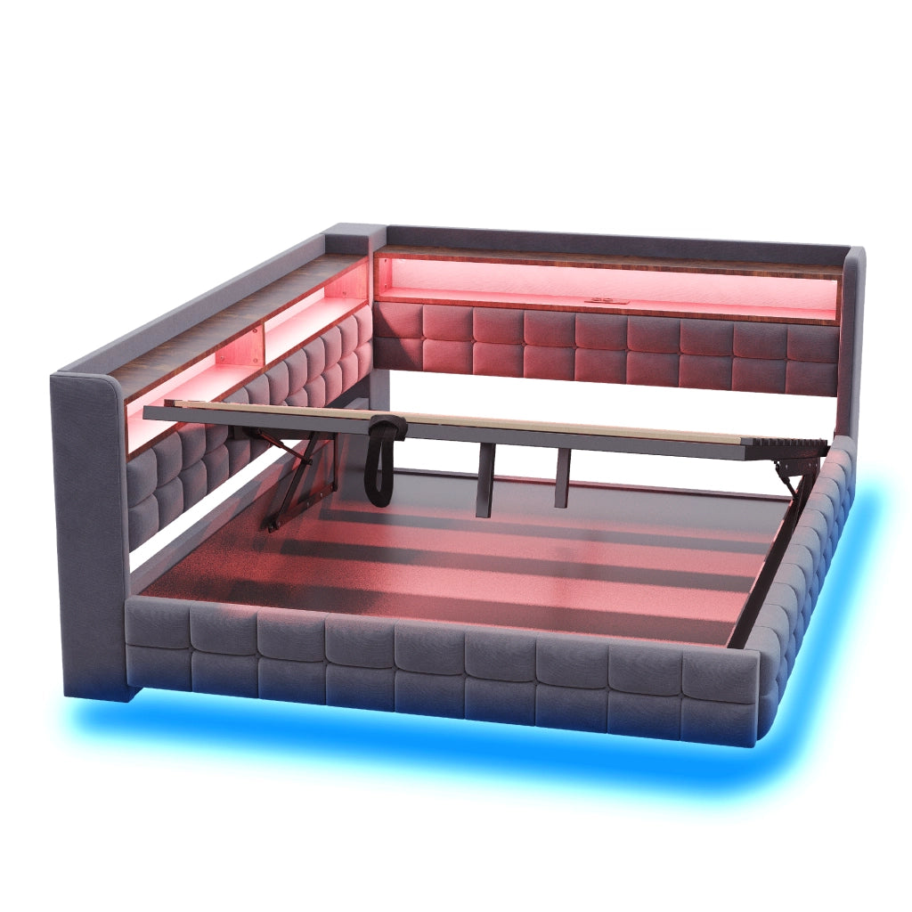 Letto Contenitore 140x200 cm con LED; USB; Type-C; Ripiani in Velluto Grigio