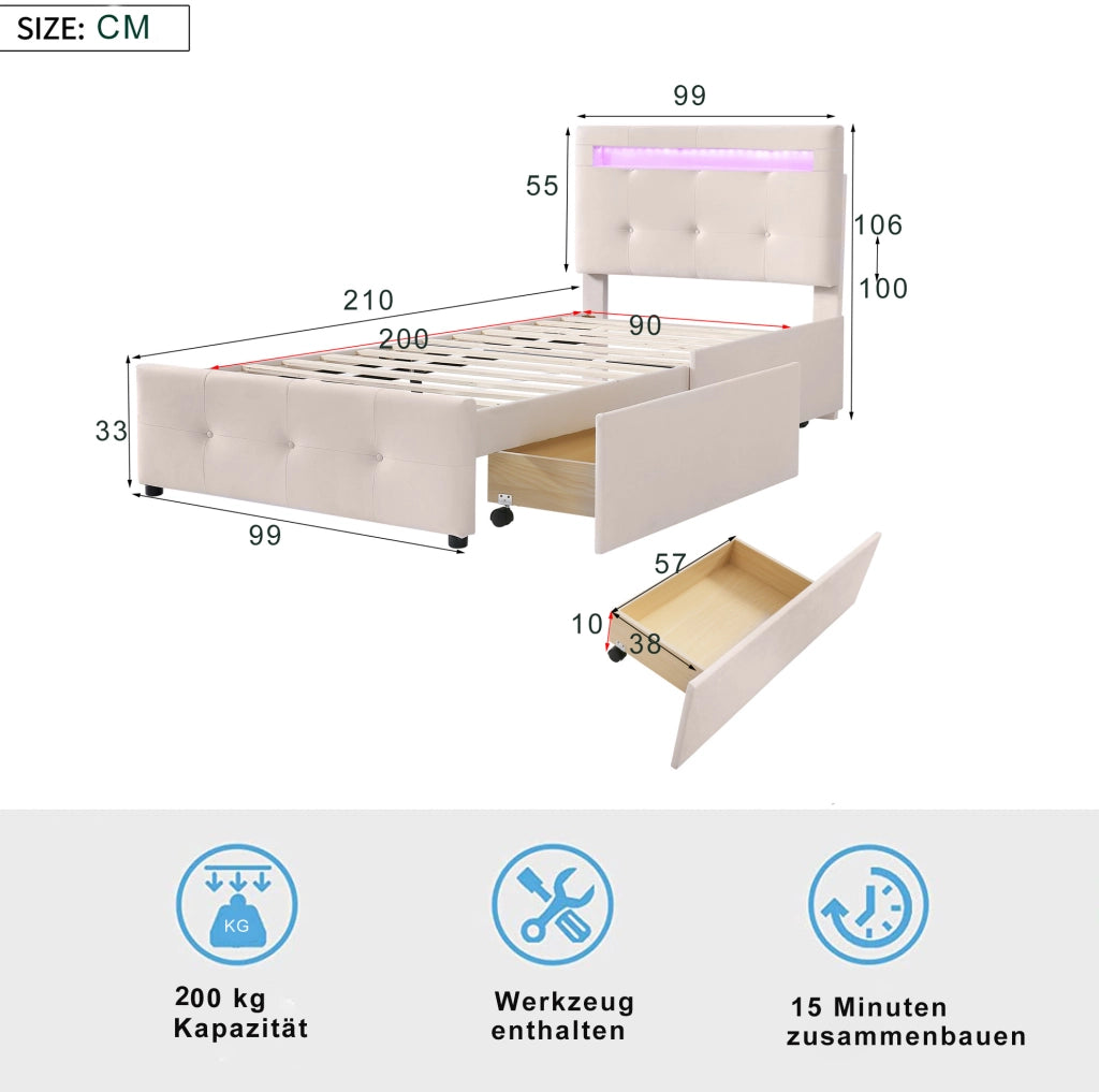 Letto singolo 90x200 cm con LED; 2 cassetti e testiera regolabile; beige