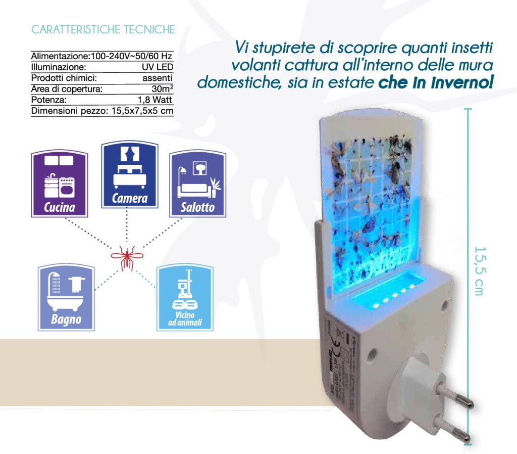 CFG Cattura zanzare Lucetrap EZ007 insetti mosche moscerini vespe cimici farfalle zanzare tigre risparmio energetico antizanzare repellente per ambienti chiusi da presa elettrica muro