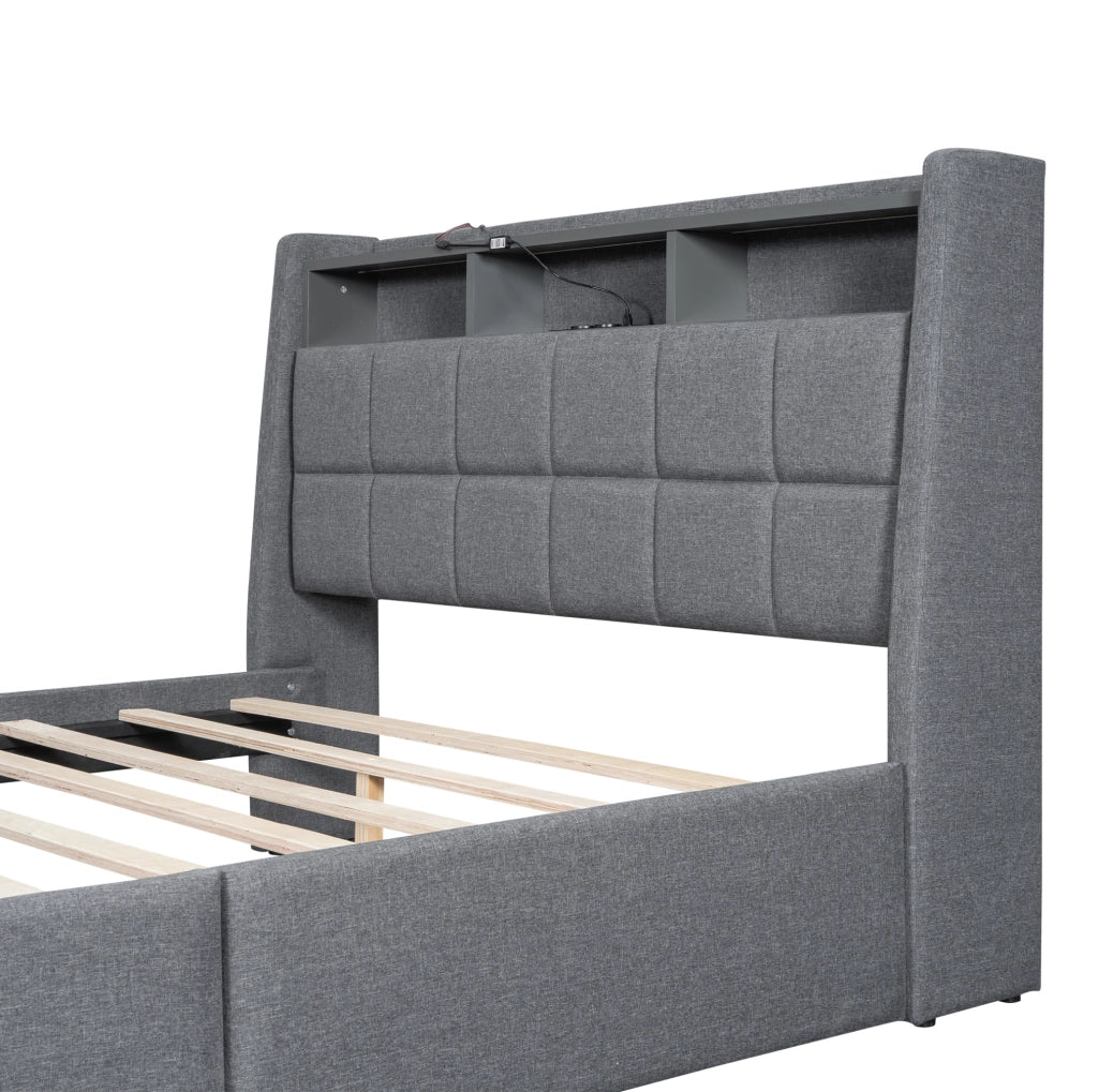 Letto imbottito 140x200 cm con LED APP; cassetti e USB in lino grigio