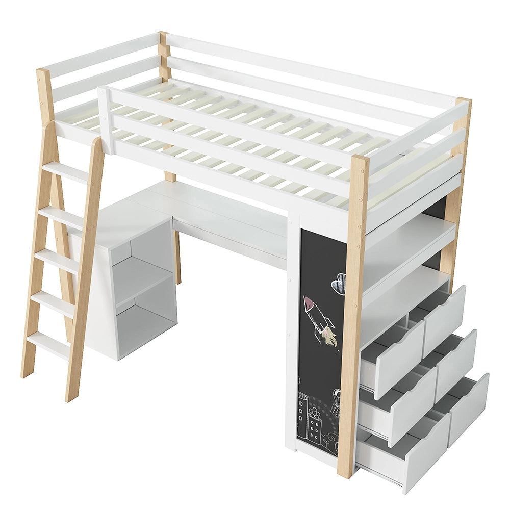 Letto a castello 90x200cm - Xylo - bianco/naturale, lavagna, ripiani