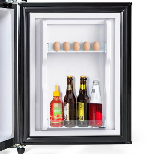 Frigorifero; doppia porta; volume totale 60L; compartimento congelatore 22L; volume di raffreddamento 38L; luce LED; efficiente energetico; nero antico