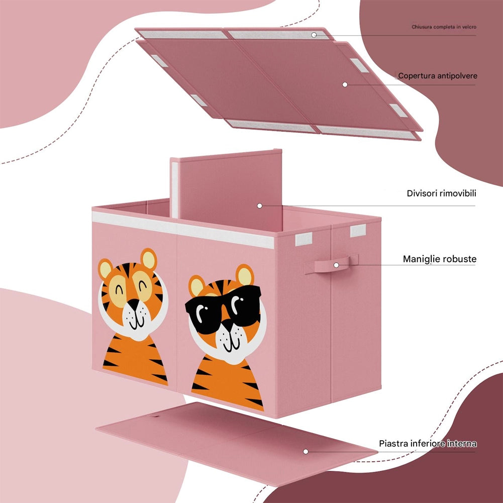 Box Contenitore Giocattoli con Animali Doppio Pieghevole 80L Rosa Salvaspazio